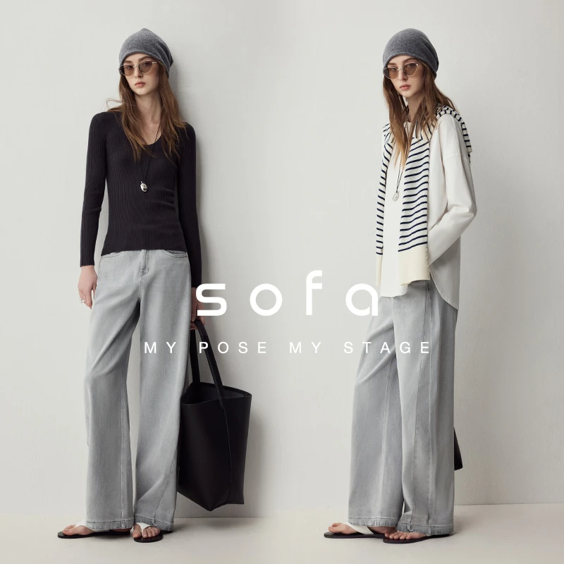 sofa显瘦修身型V领长袖毛针织衫纯色打底宽松百搭Q51C06021