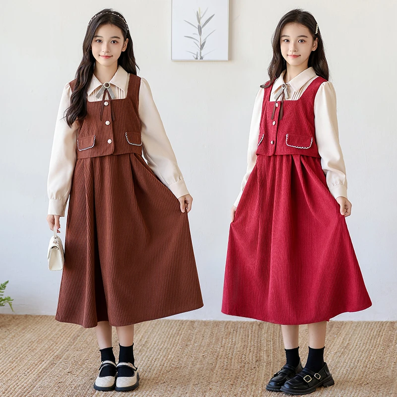女童秋冬加绒假两件连衣裙2025新款中大童法式学院风裙子女孩长裙