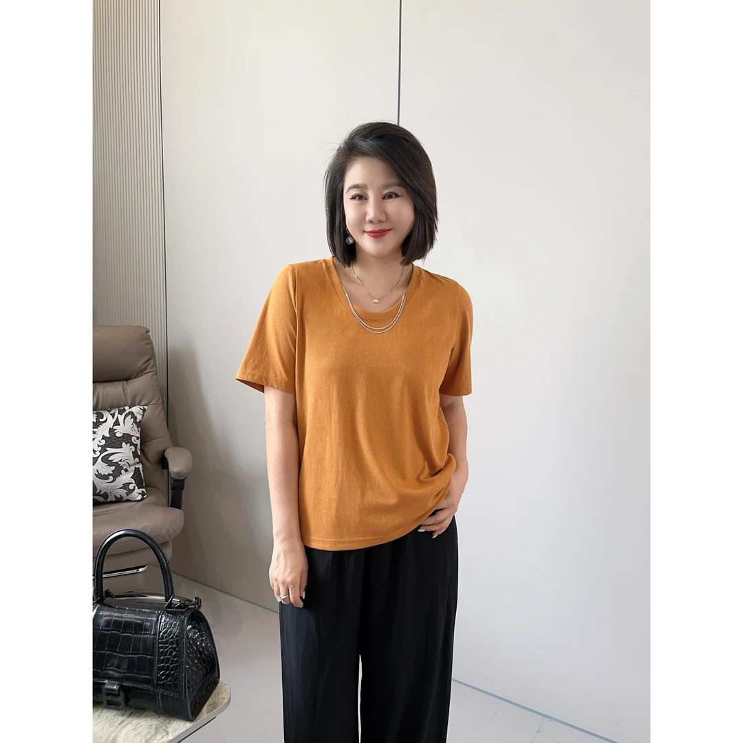 微胖女装【双链焦点】夏季显瘦洋气正肩短袖U领链条雪花T恤20688