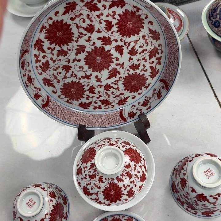 瓷片釉里红缠枝莲5件套景德镇