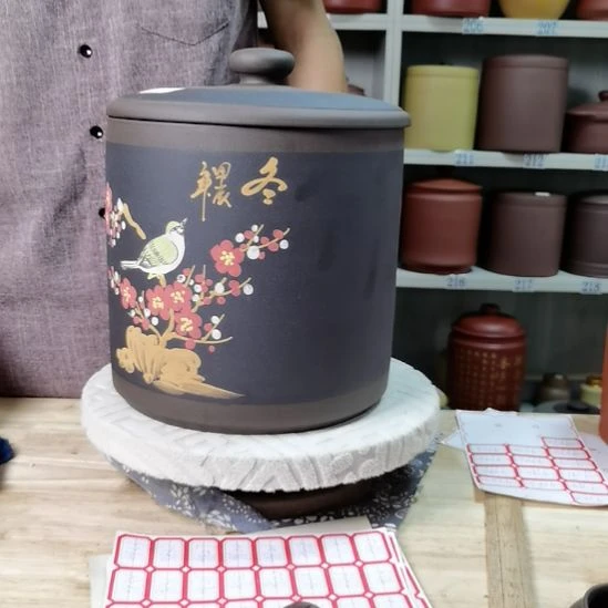 紫砂茶叶罐正品七饼直筒花鸟款9807