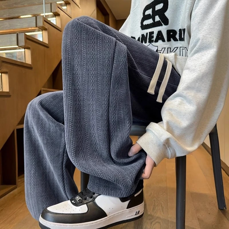 灯芯绒加绒裤子男款秋冬季麦穗纹提花卫裤设计感宽松直筒休闲长裤