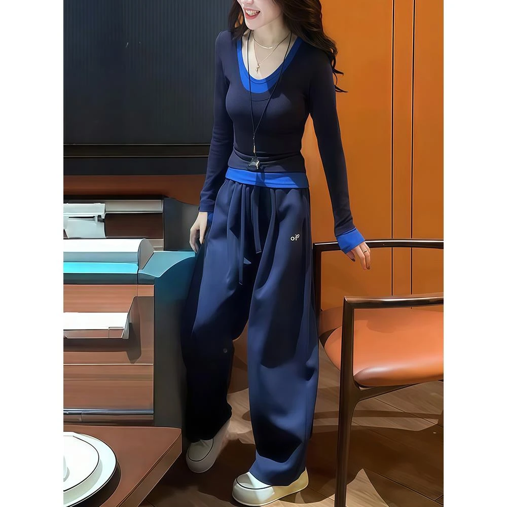 韩系撞色V领上衣阔腿裤套装女秋季高级感百搭显瘦休闲长裤两件套