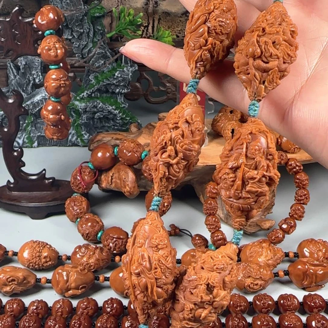 橄榄核手串/手链宽2.3鸡血红水晶核满工八十一龙万佛朝宗