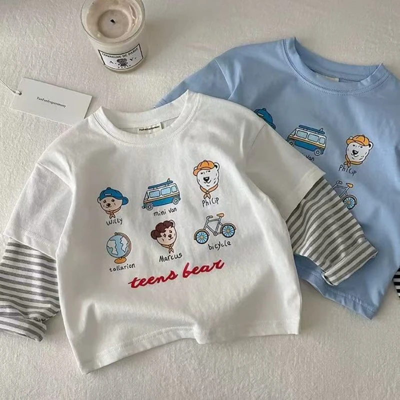 儿童假两件长袖T恤2025春秋男女童条纹上衣宝宝春季卡通打底衫潮