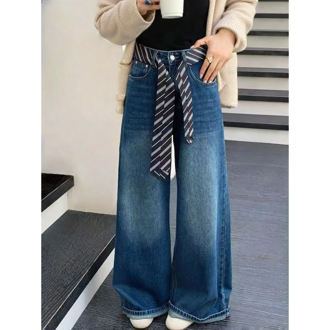 欧洲站时尚百搭翻边休闲阔腿牛仔裤女2025秋季欧货直筒拖地长裤潮