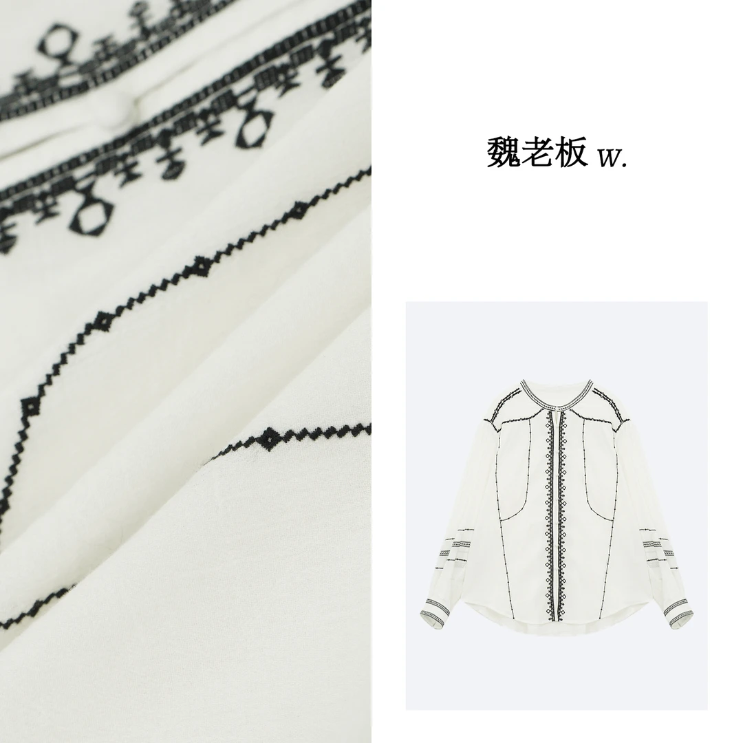 W.Diva【巴厘岛】25新款欧若风纯棉白色刺绣撞色包扣小衫51S281324