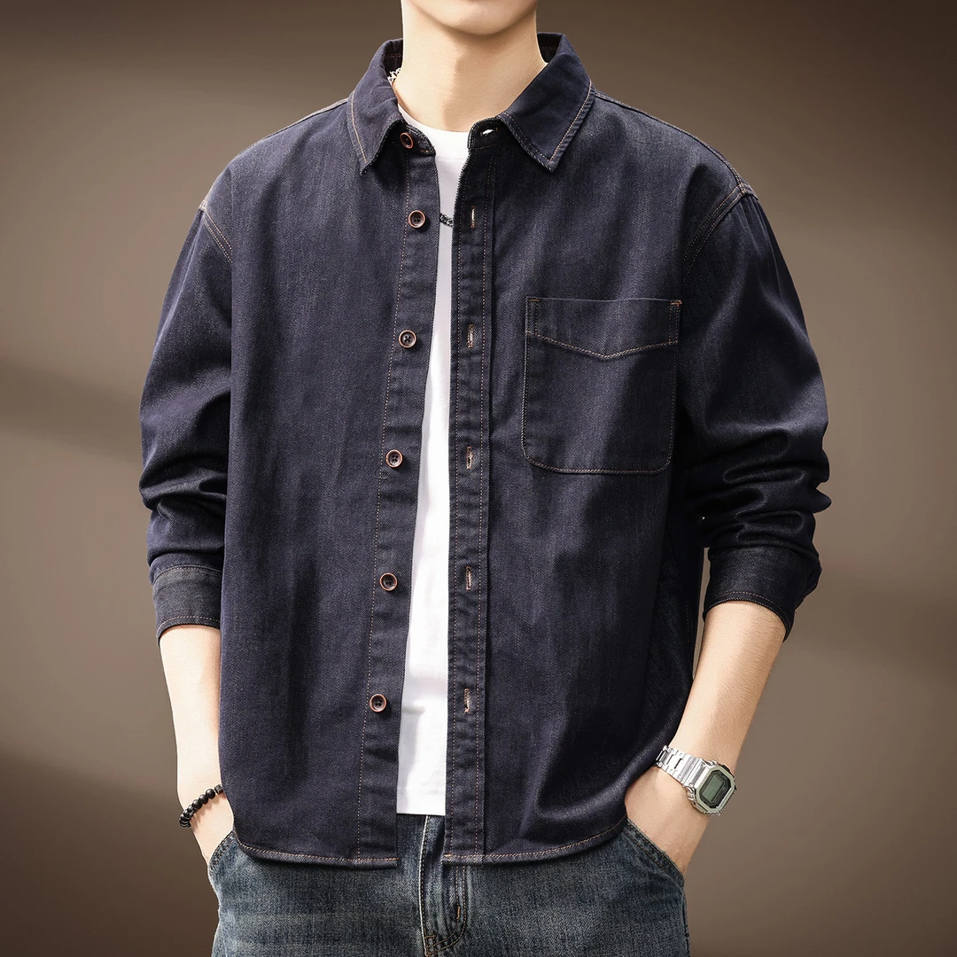 MR.MUDI/穆迪先生高端水洗牛仔衬衫男秋季新款宽松辑明线长袖衬衣