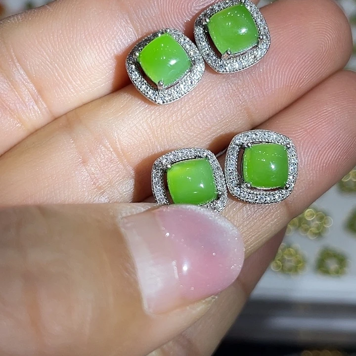 和田玉（碧玉）银S925镶嵌耳饰拍一发一颜色多样