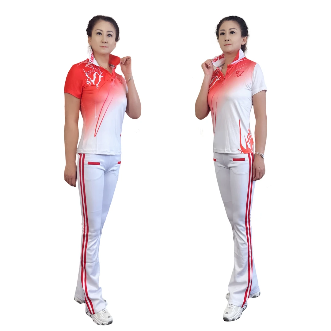 佳木斯健身操新款数码印白红搭配夏季南韩丝白红条裤子微喇套装