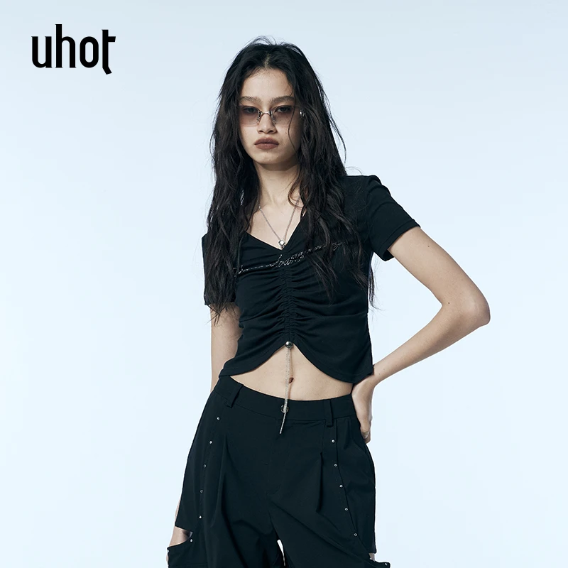 UHOT 黑色烫钻抽褶慵懒垂坠上衣辣妹修身显瘦夏季新款 UWWR2N640M