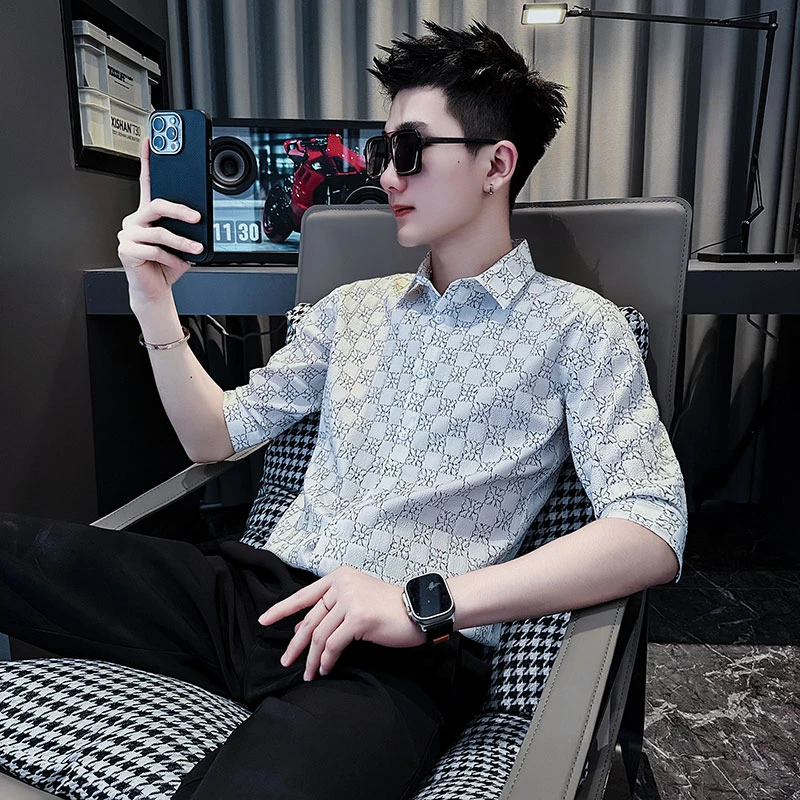 衬衫男款爆款2025新款格子提花设计师款男装短袖衬衣男生上衣痞帅