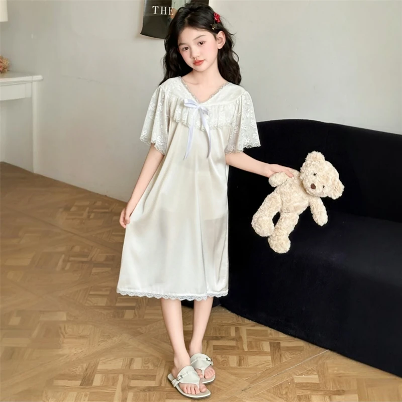 夏季儿童短袖睡裙女大童冰丝睡衣家居服6-12岁女孩公主蕾丝连衣裙