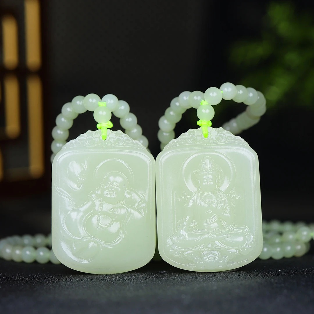 1129175和田玉黄口观音弥勒佛对牌