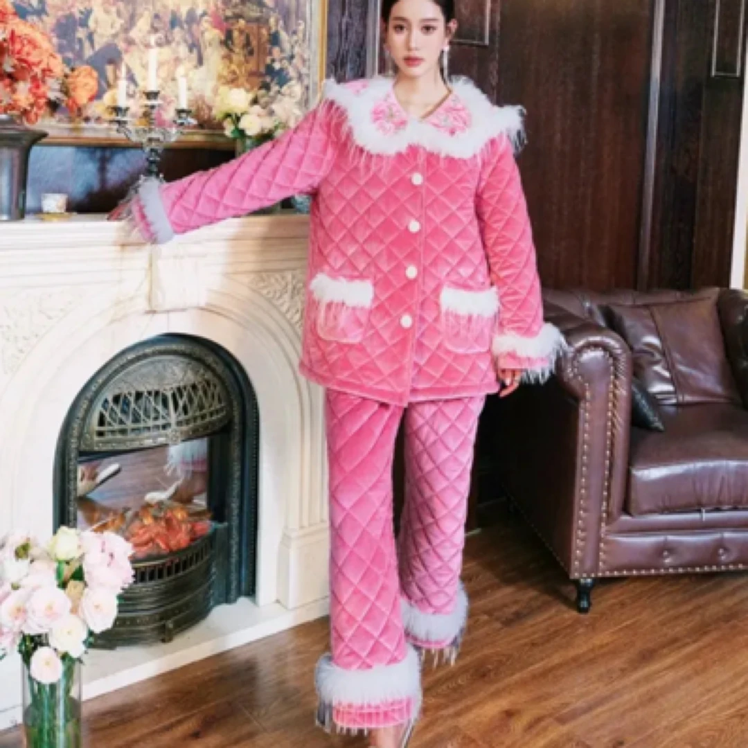 原创轻奢粉色毛毛刺绣可外穿睡衣家居服套装