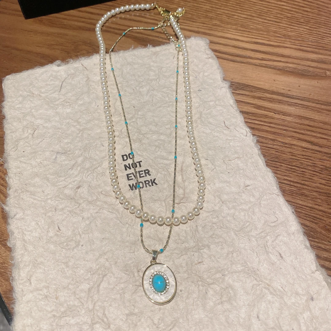 铜仿珍珠项链 设计感法式椭圆项链复古轻奢优雅气质颈链锁骨链