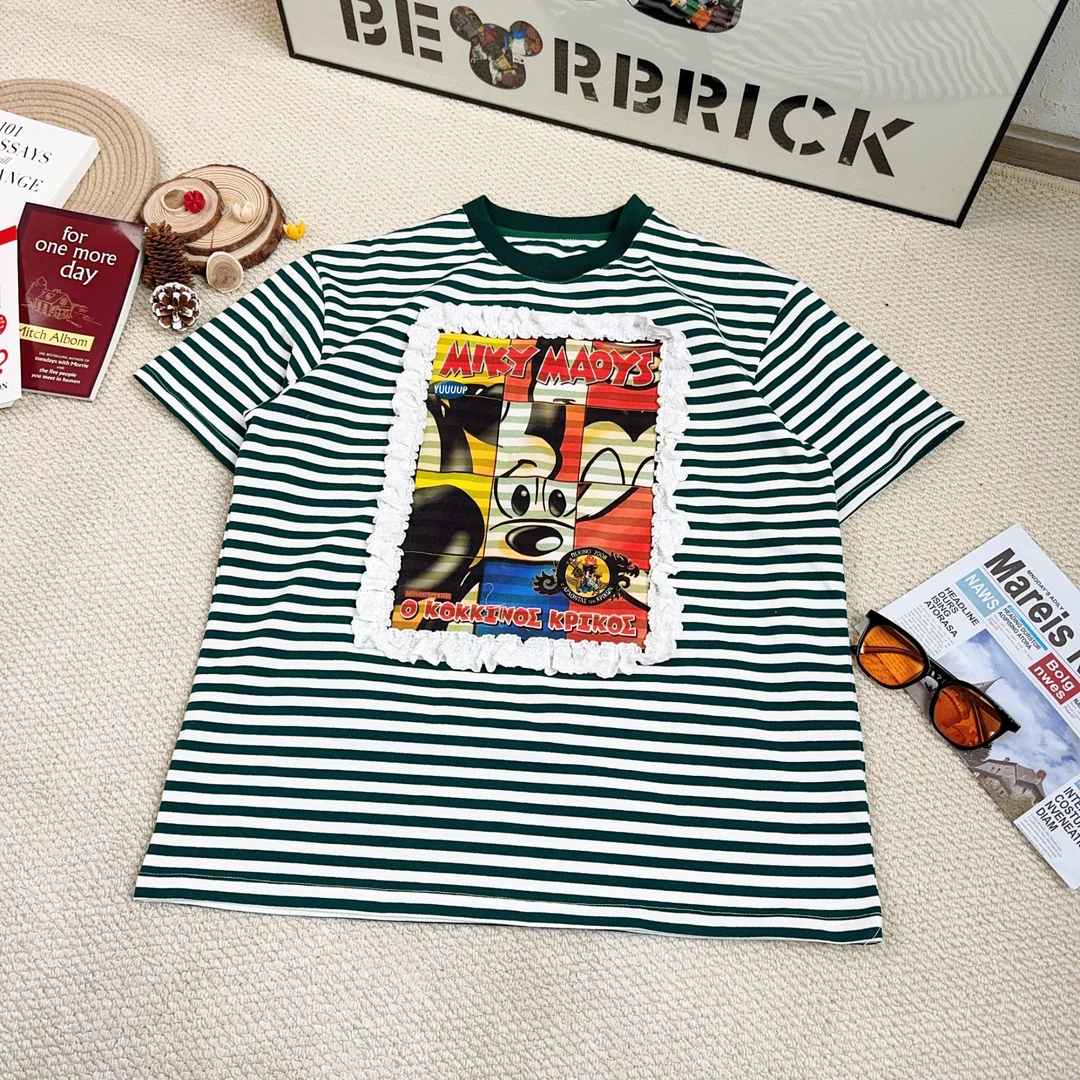 2024秋季新款宽松百搭时尚拼蕾丝卡通印花条纹短袖T恤8518