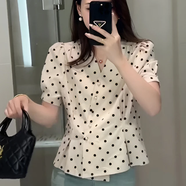 不规则法式波点c领泡泡袖短袖衬衫2024新款女夏季宽松小个子上衣