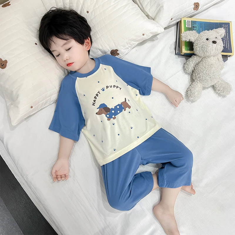 小孩男童睡衣夏季薄款七分袖儿童家居服套装莫代尔宝宝A类空调服