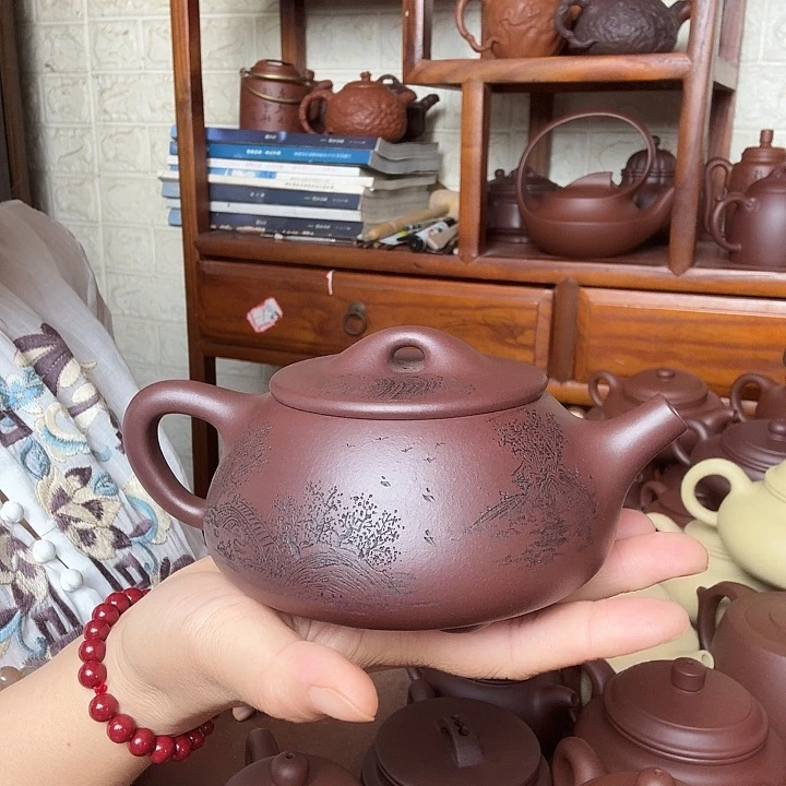 与***夕茶壶紫砂石瓢400cc精工半手