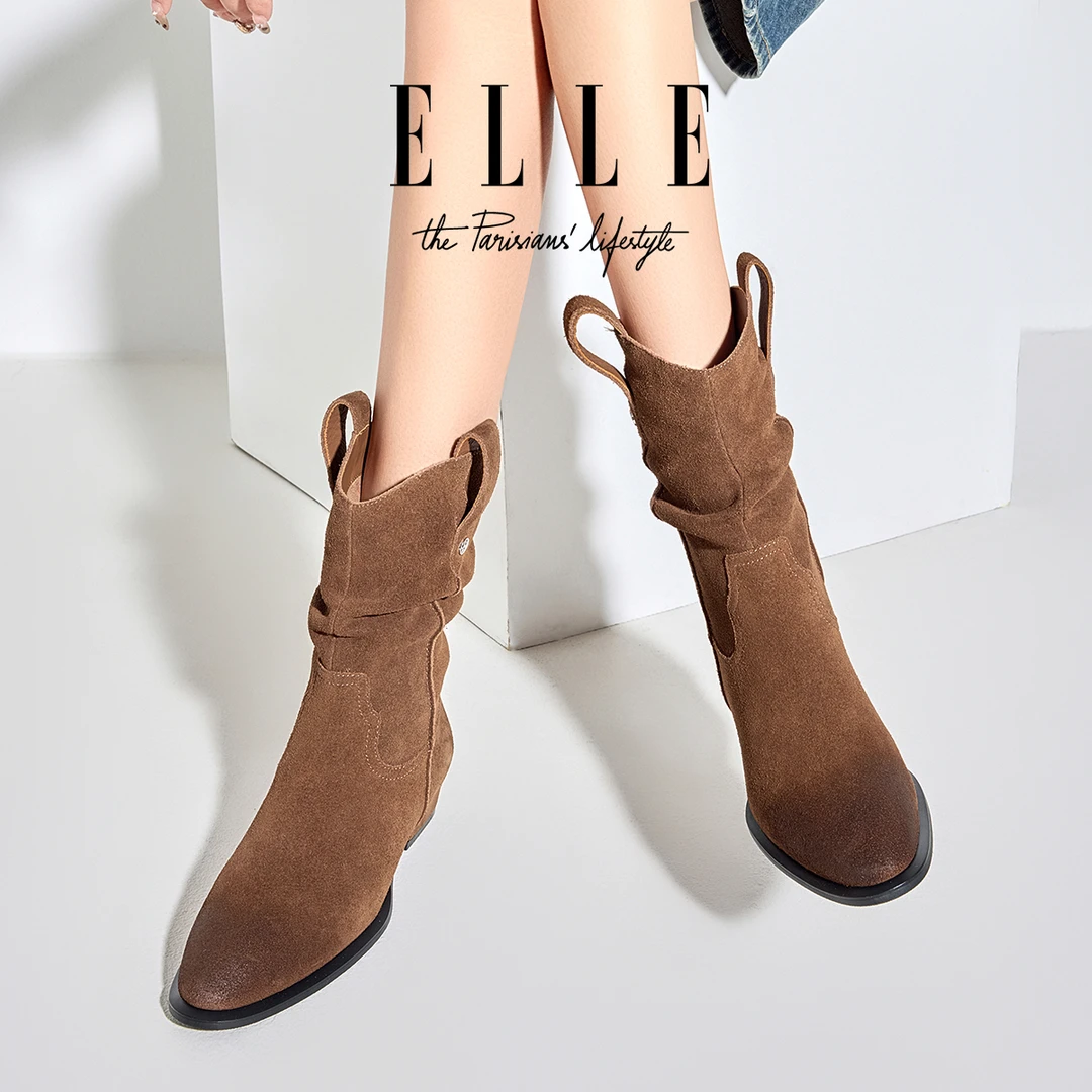 ELLE美拉德西部靴子女款2025新款勃肯尖头复古堆堆靴真皮时髦短靴