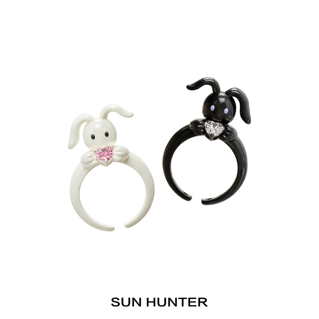 铜合金塑料戒指 三横SUN HUNTER手捧爱心锆石珐琅兔子开口戒指甜