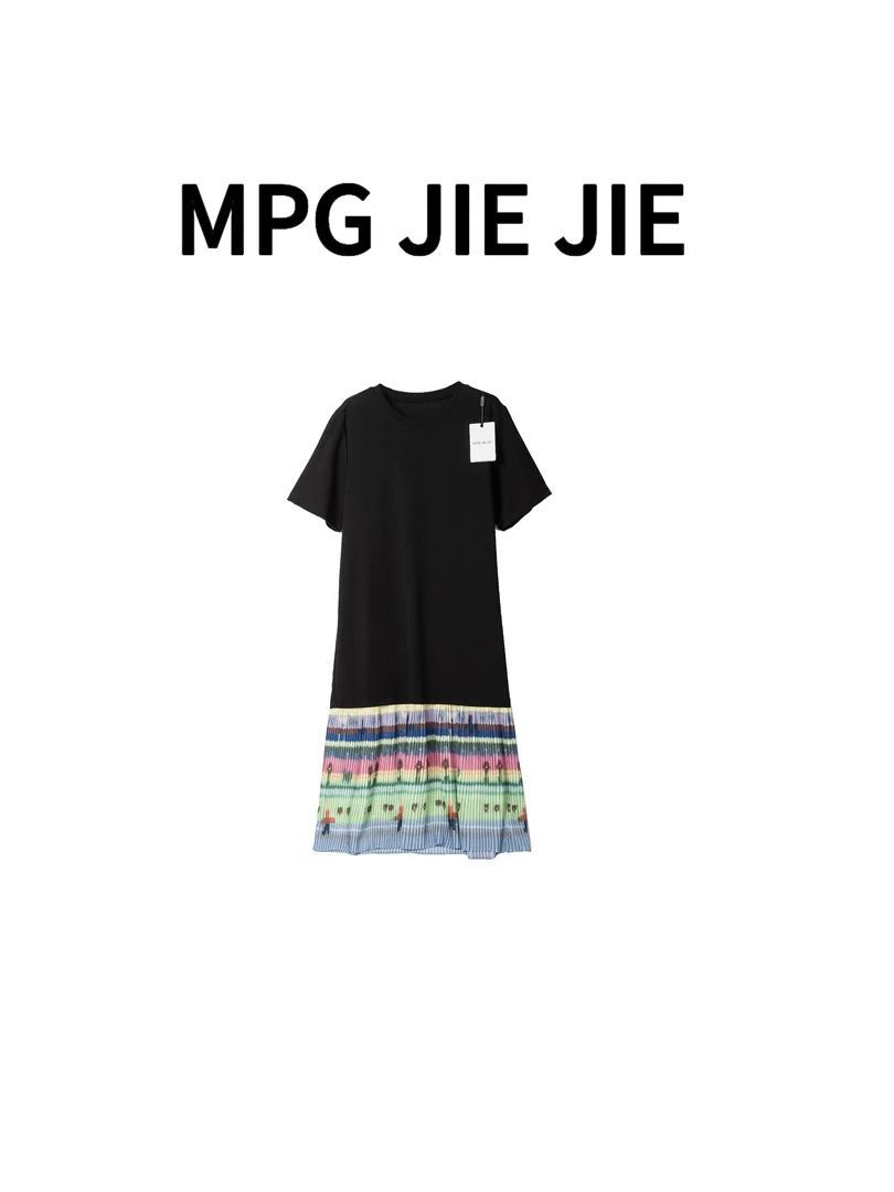 MPG JIEJIE【吸睛街头】大码设计感彩色褶皱印花下摆拼接连衣裙