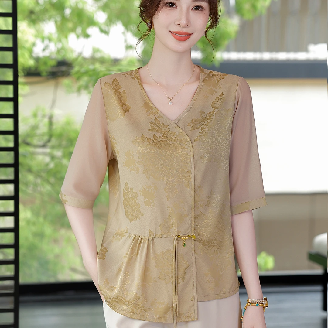 母亲节衣服妈妈夏装国风小衫t恤2025新款衬衫洋气中老年女装套装