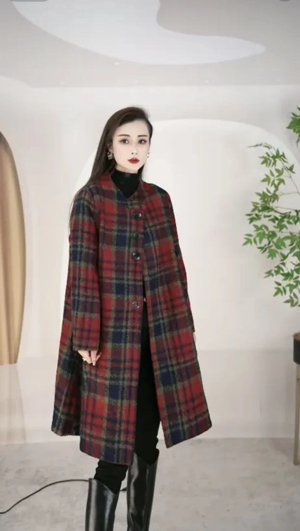春秋装中长款百搭经典格纹女士休闲呢大衣毛呢外套时尚01