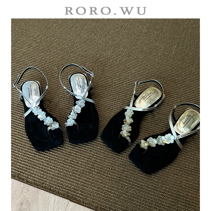 娆娆吴·羊皮夏季气质花朵套趾粗跟优雅百搭个性甜美日常凉鞋T583