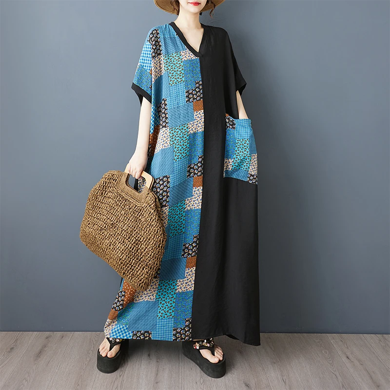 胖mm薄款棉麻遮肚显瘦v领短袖长裙撞色格纹印花拼接设计感连衣裙