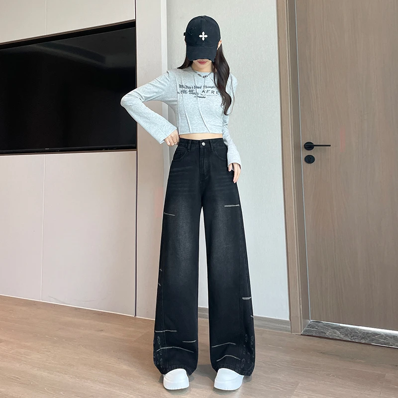 阔腿牛仔裤女秋冬季新款高腰显瘦辣妹复古磨破设计感直筒加绒裤子