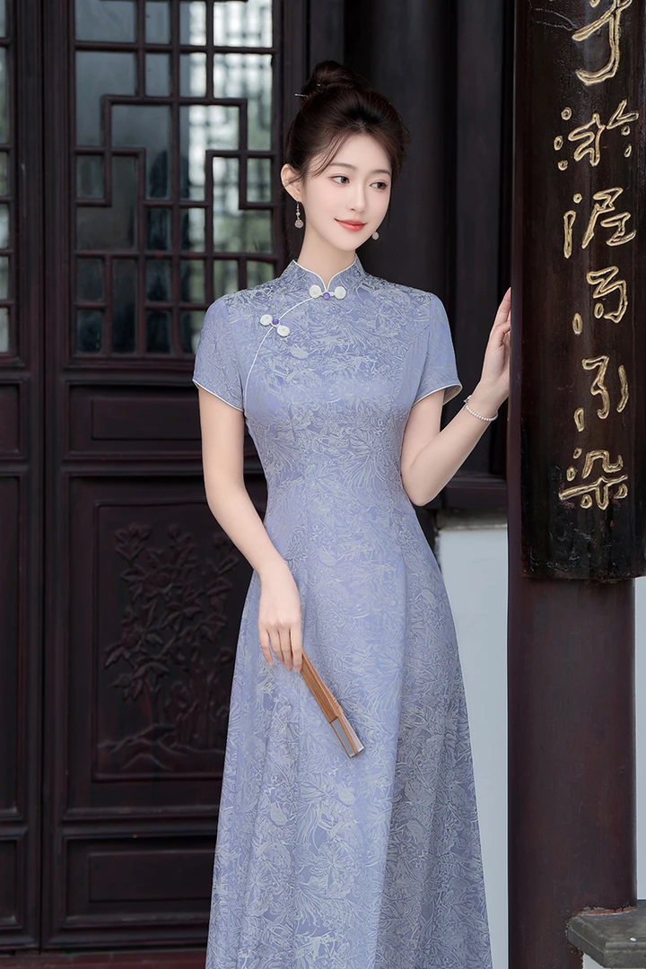 新款中式紫色旗袍改良a字裙2025年轻连衣裙气质日常淑女夏季长款