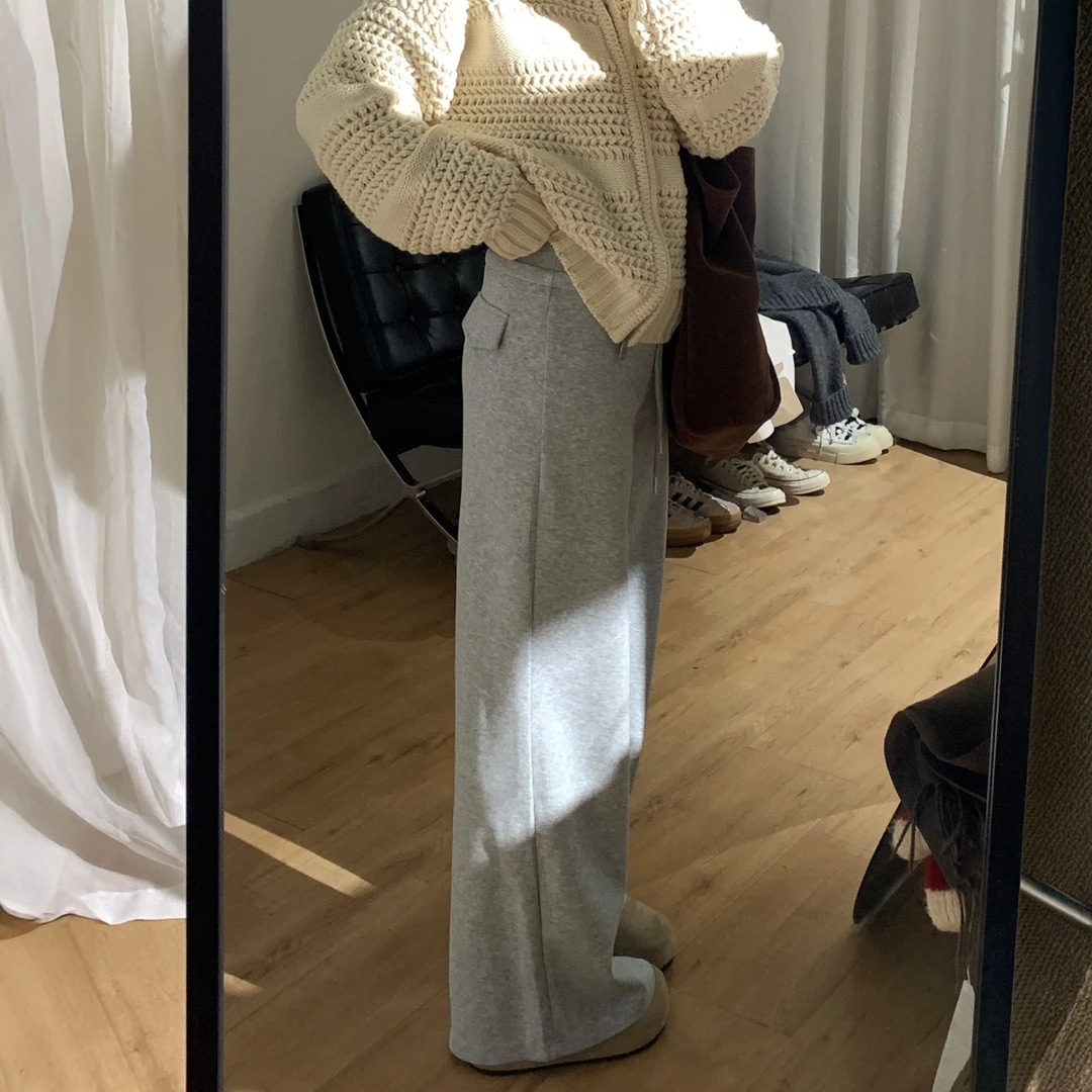 慵懒感灰色直筒阔腿裤女冬季新款大码胖mm高腰遮胯宽松显瘦休闲裤