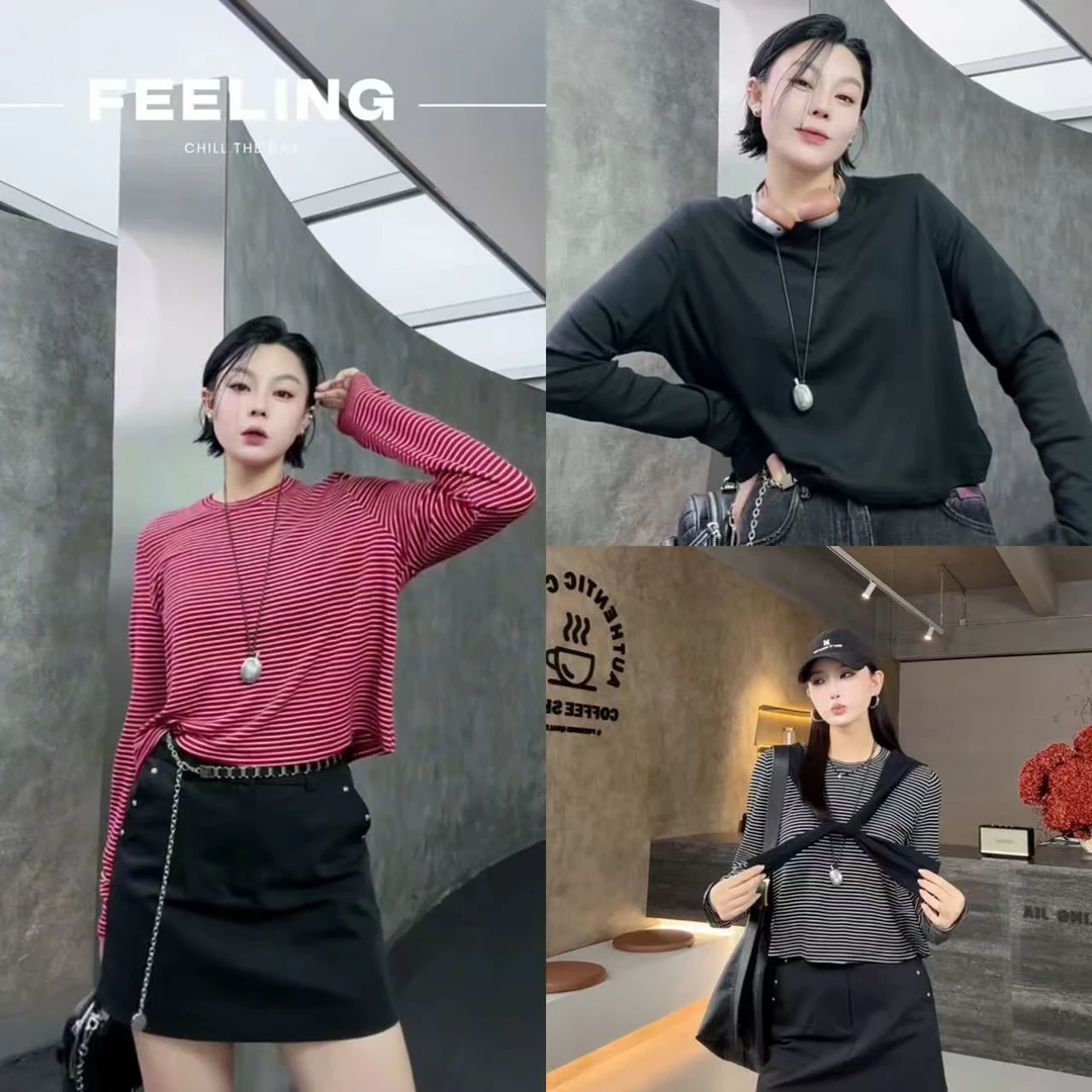 菲林家FL 67625【自由感2.0】 百搭经典垂感条纹T恤