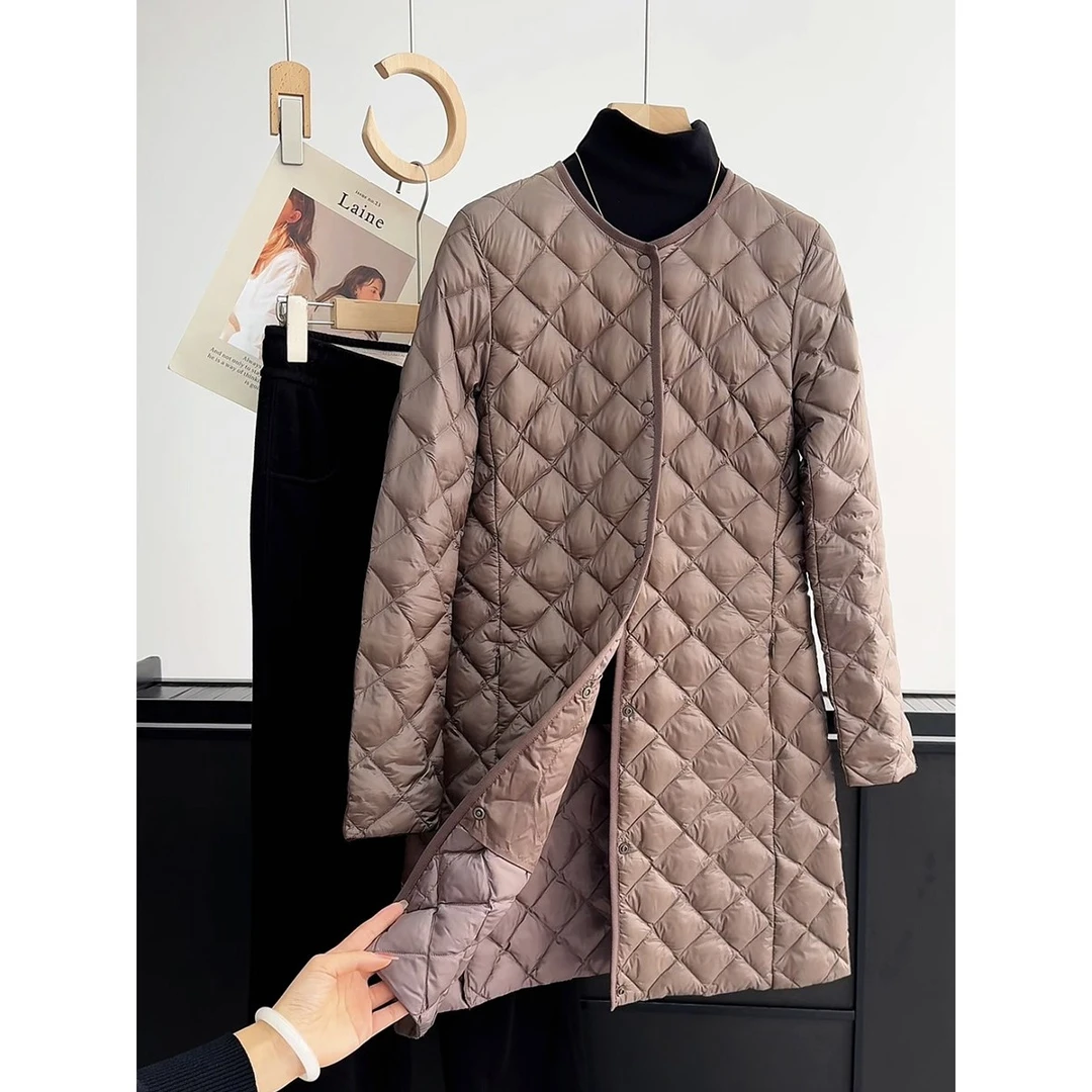 菱形格中长款羽绒服女轻薄防水防污通勤保暖时髦2024冬新款显瘦