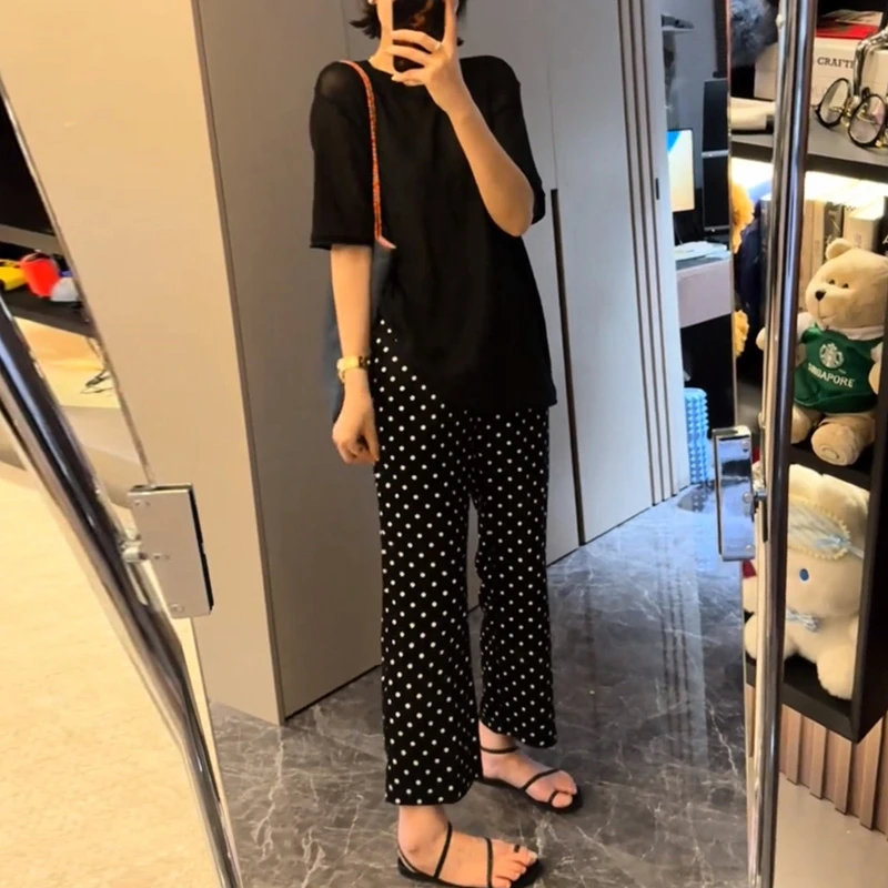 欧货时尚出勤套装女夏季设计感开叉圆领上衣高腰波点阔腿裤两件套