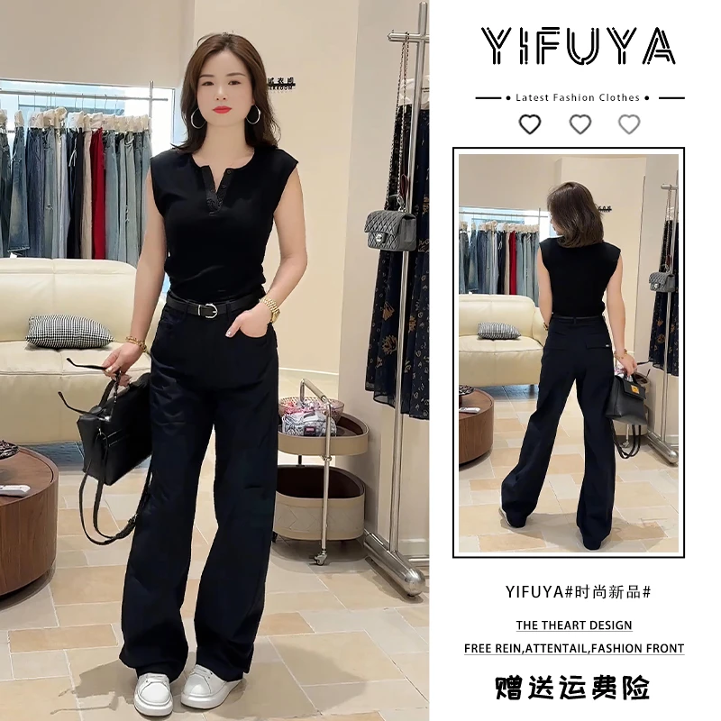 2025年夏季无袖polo领上衣藏蓝色休闲裤气质减龄高级感炸街两件套