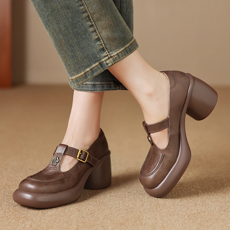 牛皮/7cm/百搭真皮复古春季粗跟厚底圆头玛丽珍单鞋女鞋妈妈鞋
