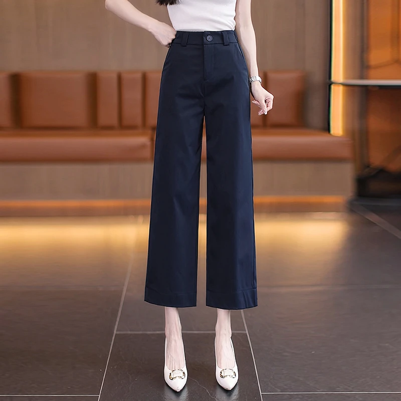 冰丝西装阔腿裤女士夏季薄款2025新款高腰宽松垂感九分窄版直筒裤