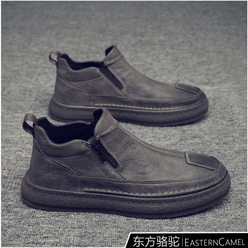 东方骆驼马丁靴男一脚蹬懒人短靴加绒棉鞋2025新款休闲侧拉链板鞋