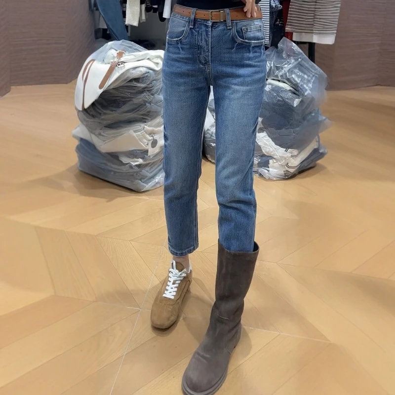 极简风蓝色复古百搭直筒牛仔裤女2025秋季新款高腰显瘦九分烟管裤
