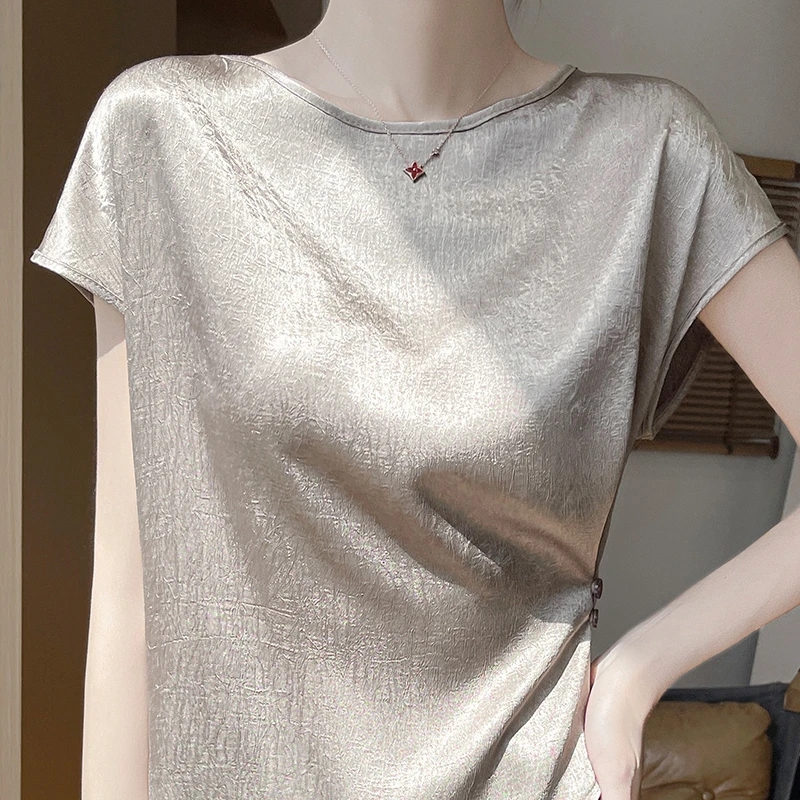 不规则肌理感浮雕桑蚕丝缎面圆领短袖T恤女夏季收腰小飞袖上衣薄