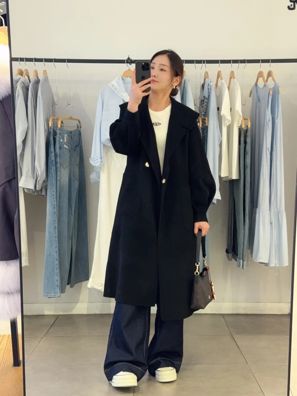 冬季女装大翻领纯色通勤中长款双面呢大衣时尚百搭
