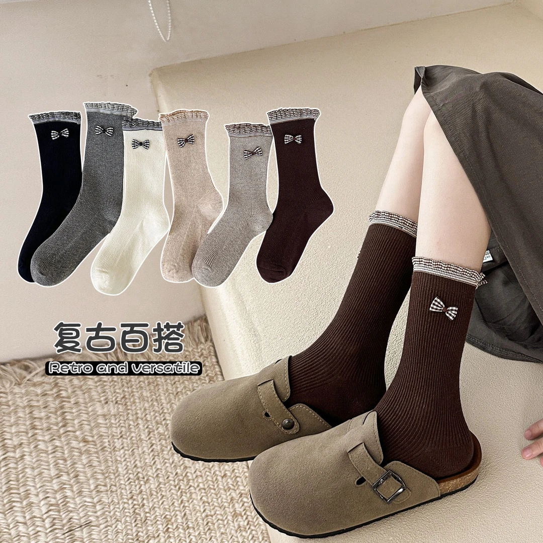 女童袜棉无骨童袜春秋季花边女孩中筒棉袜公主百搭纯色中大童袜子