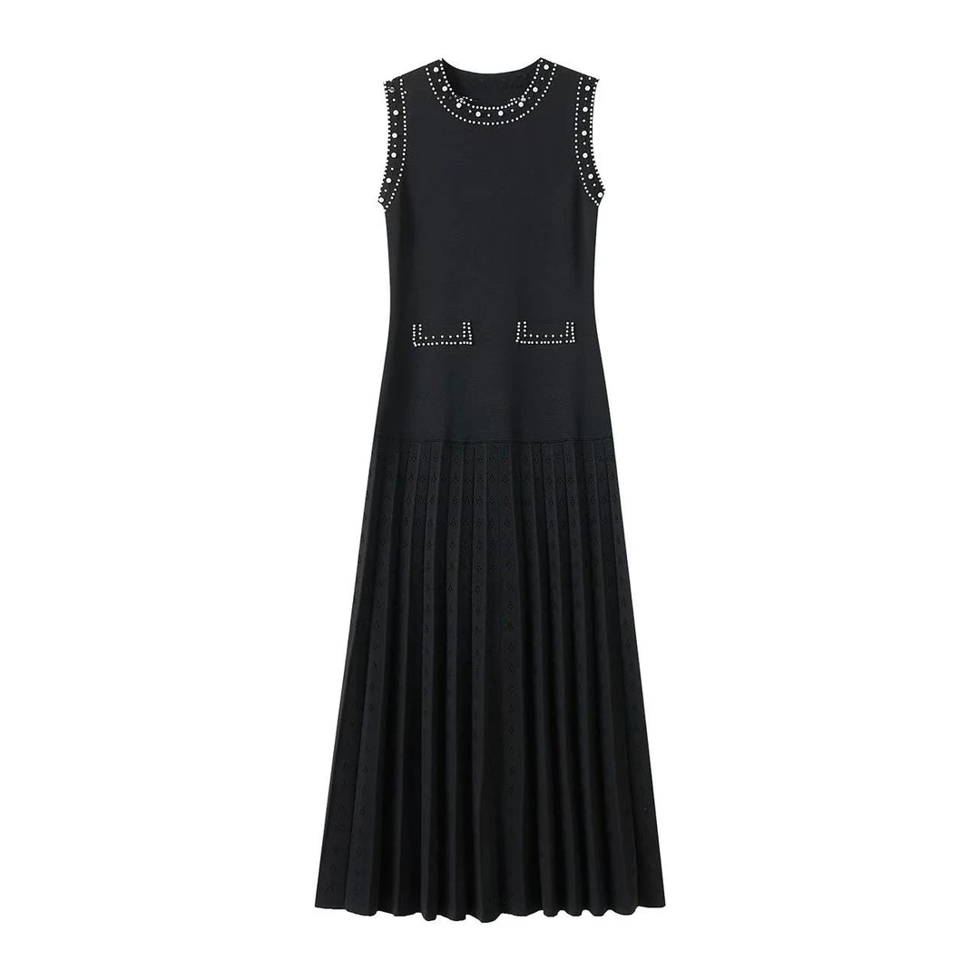 【赫本风】气质钉珠针修身显瘦无袖针织连衣裙女款黑色