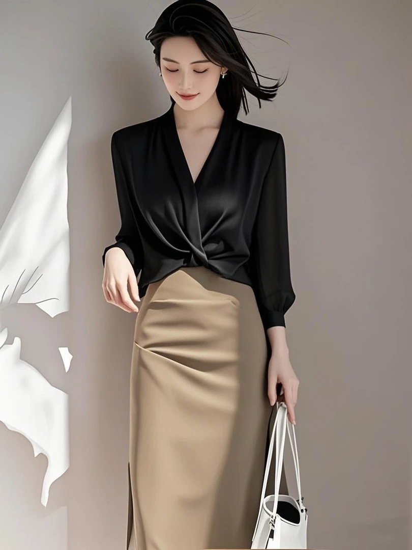 SS1014黑色上衣宽松独特气质上衣设计感小众优雅洋气半裙两件套