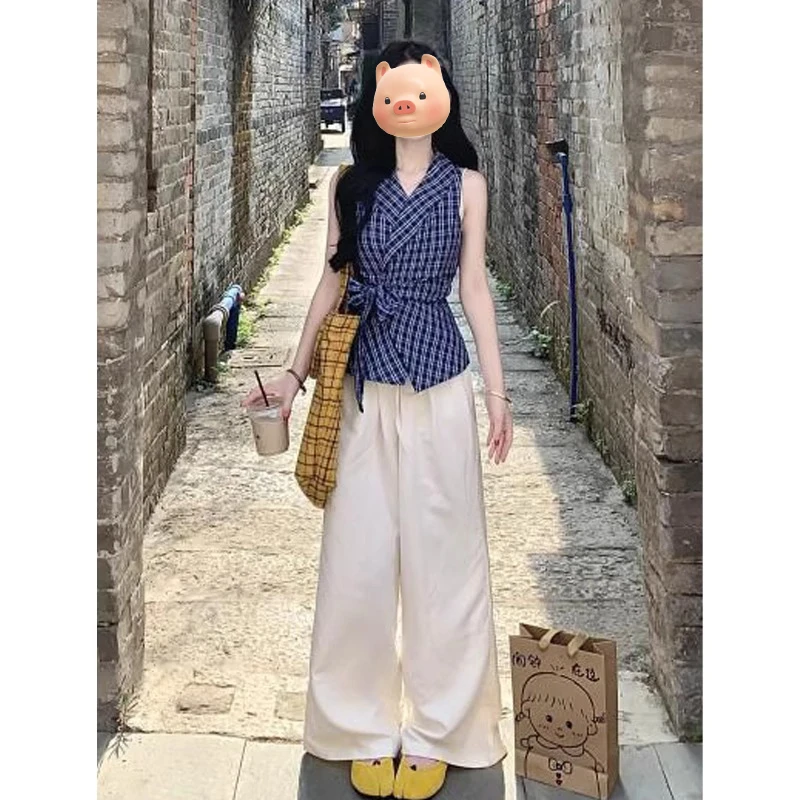 多巴胺穿搭蓝色V领蝴蝶结绑带格子吊带背心女夏外穿修身无袖上衣