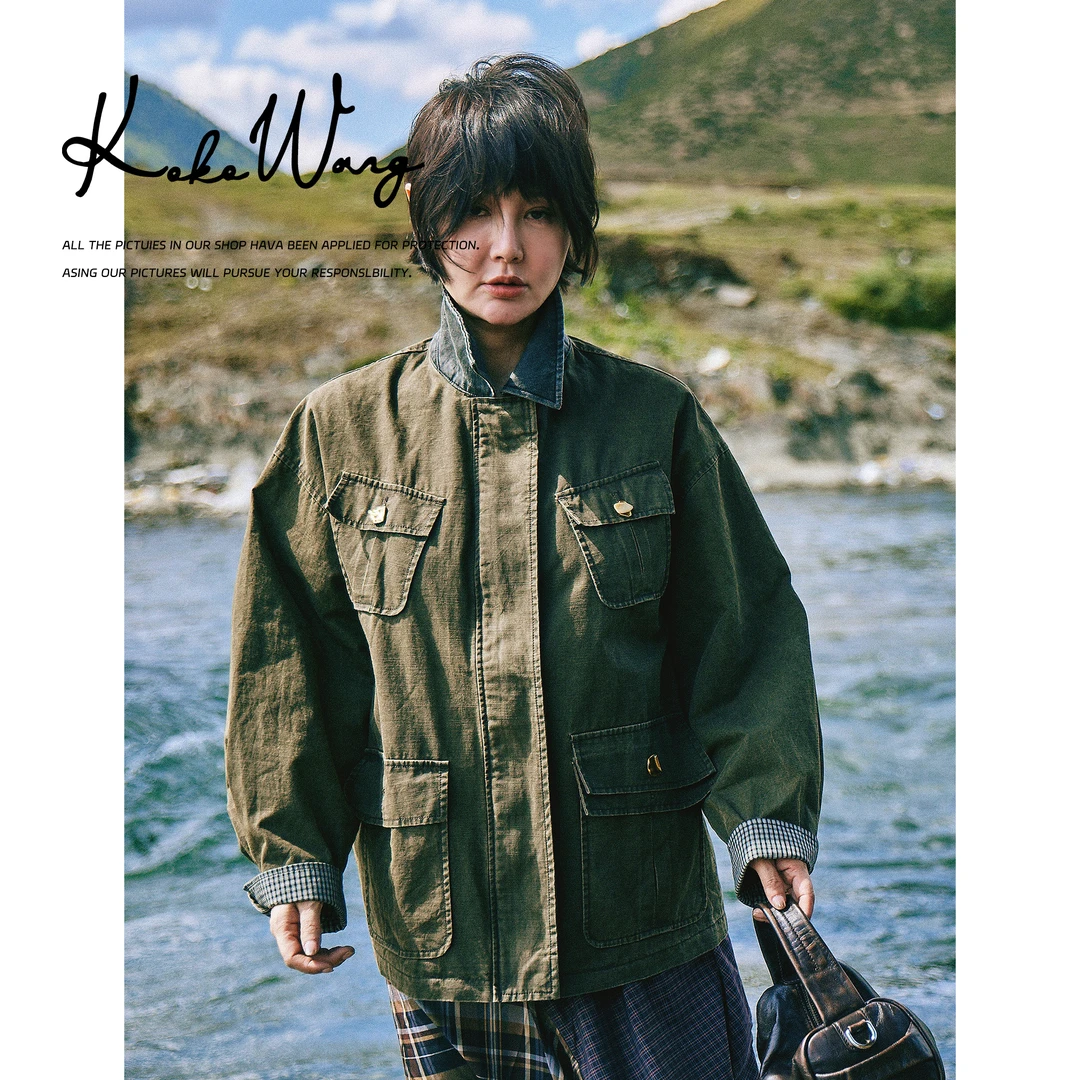KOKO WANG秋季时尚前口袋气质复古水洗翻领牛仔外套N0015G31W01