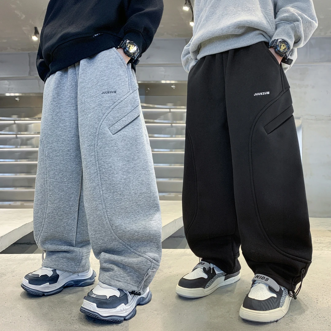 男童加绒卫裤儿童加厚运动长裤秋冬款2025新款中大童宽松弯刀裤子